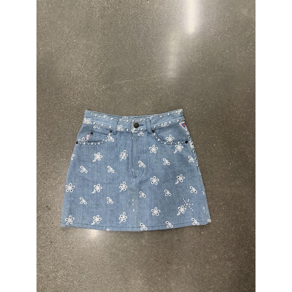 MARC JACOBS Indigo Broderie Anglaise Studded Eyelet Denim Mini Skirt Size 25